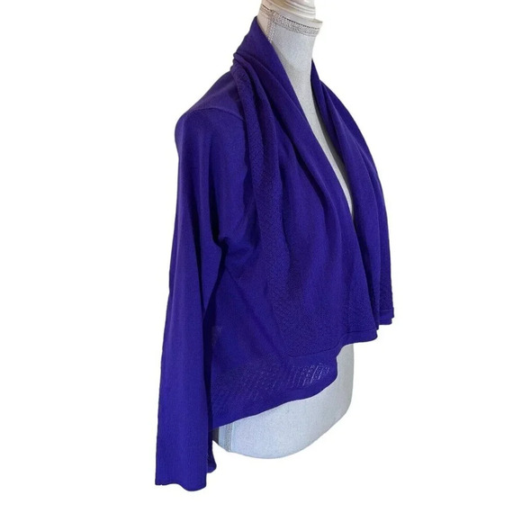 Elle Tahari Merino Wool Purple Open Cardigan Sweater Medium Crochet Trim Draped - Picture 2 of 9